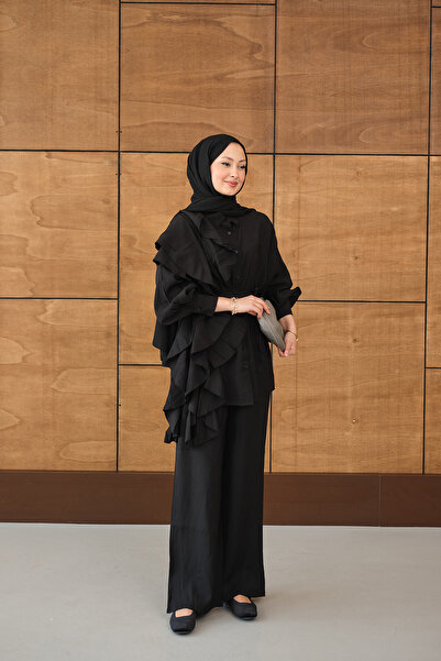 LOCCO Γυναικείο κοστούμι με λεπτομέρεια ραφής και δέσιμο στη μέση, μαύρο