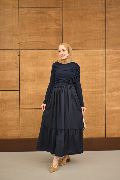 LOCCO Γυναικείο φόρεμα λεπτομέρεια με σούρες Sandy Ποπλίνα Navy Blue