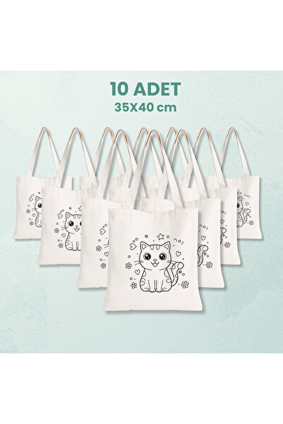 Cemira 10 Adet Sevimli Kedi Desenli Boyanabilir Bez Çanta - Çocuk Eğitici Boy...