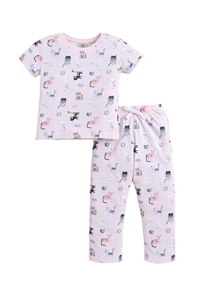 Victor and Jane Girls Cat Print Cotton Pajama Set – T-Shirt & Full Pants Nigh...