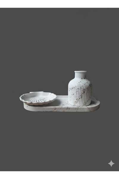 Pura Design El Yapımı Taş Tozu 3’lü Dekoratif Tepsi & Vazo & Takı Tabağı Seti – Modern Masa Üstü Dekor