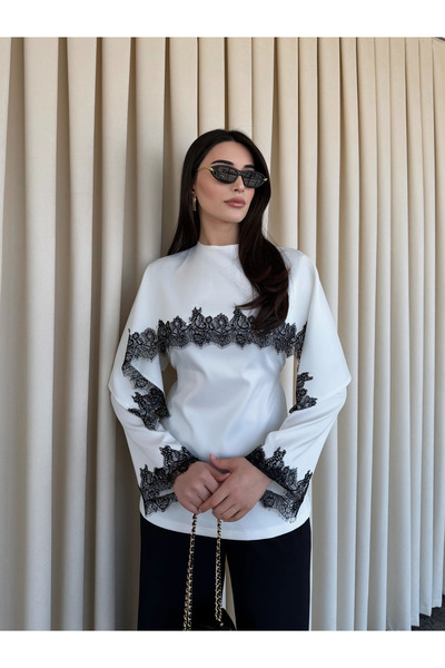 Laluvia White Lace Embroidered Cape Satin Blouse - 1401