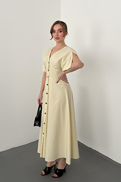 Elbee Fashion Woman Φόρεμα με κίτρινα κουμπιά Midi μήκος Ποπλίνα