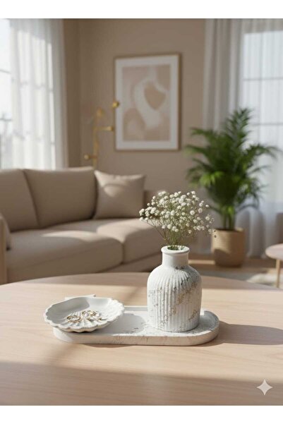 Pura Design El Yapımı Taş Tozu 3’lü Dekoratif Tepsi & Vazo & Takı Tabağı Seti – Modern Masa Üstü Dekor