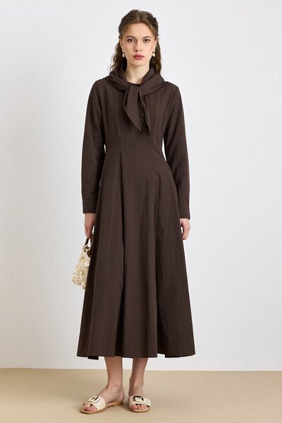 Olcay Scarf Detailed Flared Cotton Piece Dress Brown 9420-E