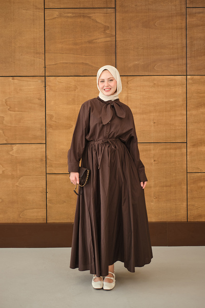 LOCCO Women's Scarf Collar Shirt Set Brown