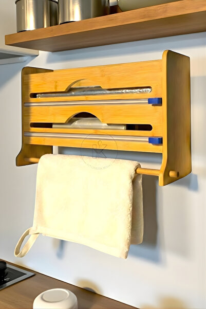 Kitchera Home Bambu Raflı Streç Folyo Kesici Kağıt Havlu Askılığı Mutfak Orga...