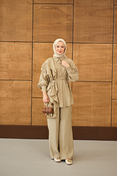 LOCCO Kadın Dikiş Detay Volanlı Bel Bağlamalı Takım Krem