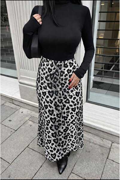 Lunea Womens Women's Gray Leopard Printed Long Drapey Satin Skirt