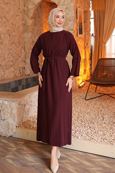 İmajButik Rochie din raion Tencel cu centură în talie, culoare prună