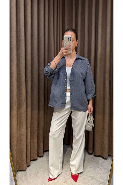 Maysa Oversized Striped Shirt-Dark Blue