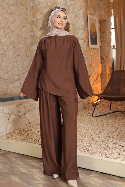 İmajButik Καφέ Σετ Τουνίκ με Πιέτες και Παντελόνι