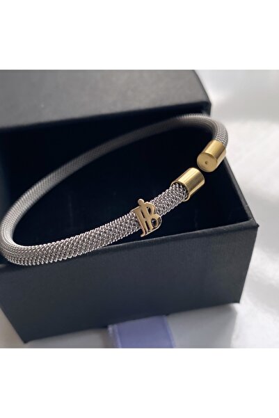 simurg jewellery Altın Kaplama Gümüş İç İçe Harf Tasarımlı Beyaz Çelik Bileklik