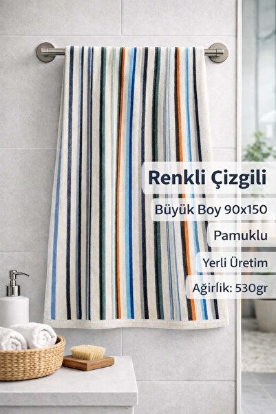 Mandaş 2 Adet Renkli Çizgili Büyük Boy Banyo Havlusu Ekonomik (90x150)