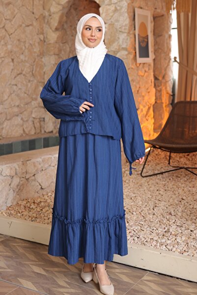 İmajButik Cobalt Blue Buttoned Shirt and Skirt Set