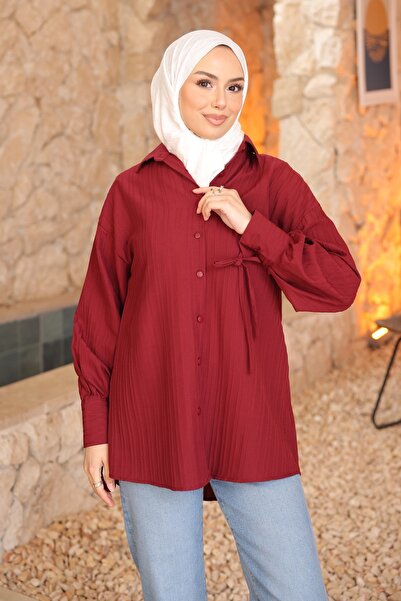 İmajButik Burgundy Sleeve Tie-Detail Button Shirt