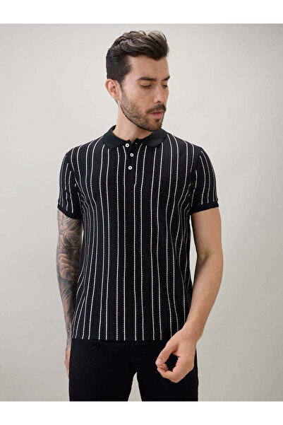 STATUS QUO Striped Regular Fit Black Polo T-shirt