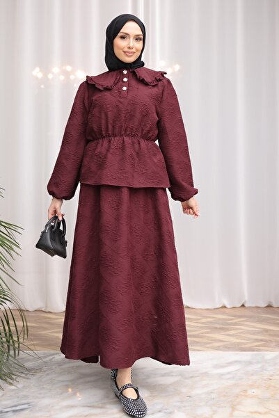 İmajButik Mürdüm Kendinden Patterned Shirt and Skirt Set