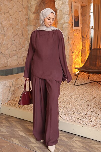 İmajButik Plum Pleated Detailed Tunic and Trousers Set