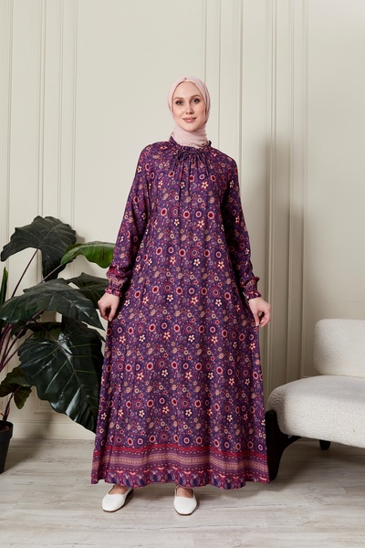 fistan Drawstring Collar Floral Print Hijab Dress Comfortable Fit Spring Seas...