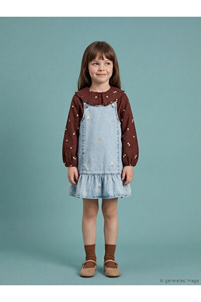 LC Waikiki Lcw Kids Indigo Square Collar Embroidered Girls Jean Salopet Dress