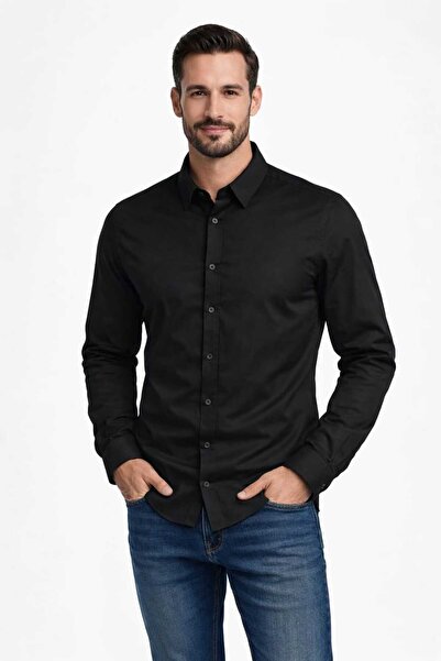 CALEMORE Ανδρικό πουκάμισο Regular Fit Dobby σε μαύρο χρώμα