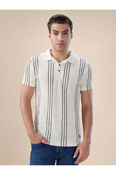 STATUS QUO Striped Henley Neck Regular Fit White T-shirt