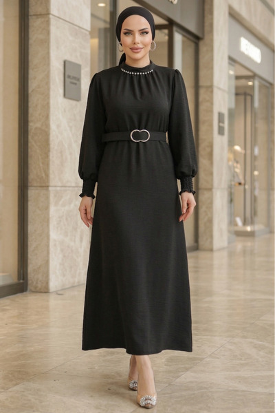 FERHEL Hijab Collar Stone Detailed Sleeve Ruched Belt in Linen Dress - Black