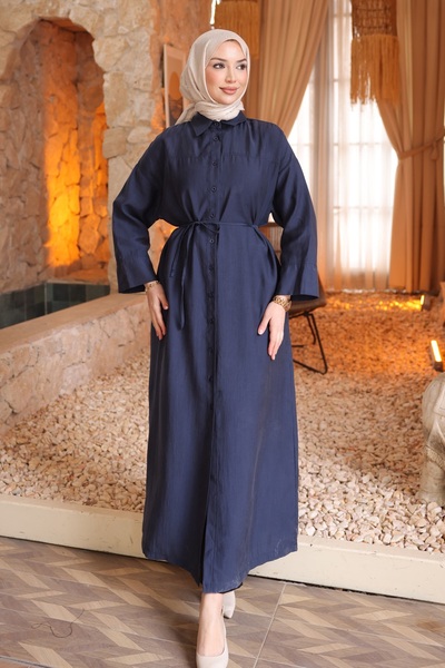 İmajButik Rochie Tesla bleumarin cu supradimensionat nasturi