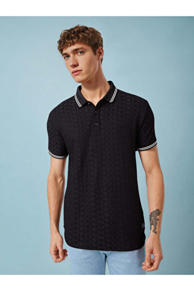 STATUS QUO Textured Contrast Tipping Regular Fit Black Polo T-shirt