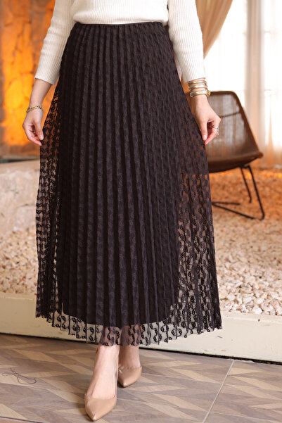 İmajButik Fusta maro plisată din material flocat cu imprimeu cu căptușeală cu...