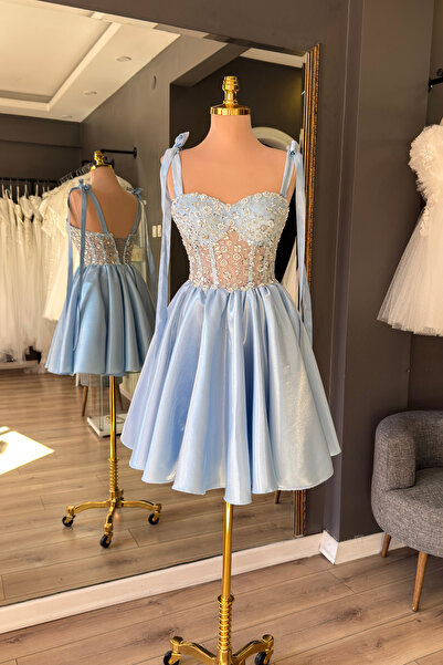 Lenta Moda Buz Mavi Dantel Kaplı Parlak Saten Mini Parti Elbisesi