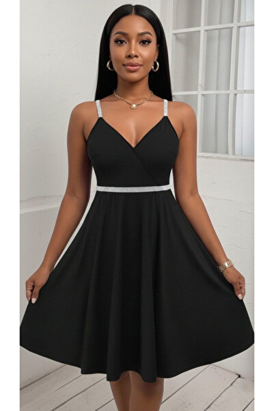 modablask Women' s short flared crepe dress with criss-cross back V-neck.