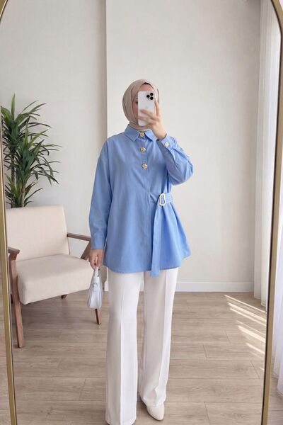 HİFADEN Women's Gold Button Detailed Belted - Belt Buckle Detailed Long Sleev...