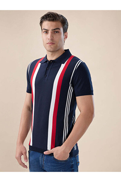 STATUS QUO Striped Regular Fit Navy Polo T-shirt