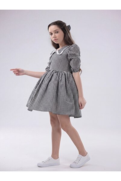 EYLÜL ELİF BUTİK Черна рокля с якичка и точки за момичета, ежедневна шик прин...