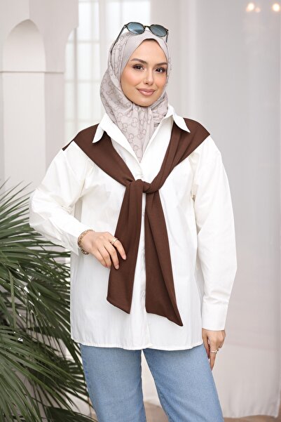 İmajButik White Brown Scarf Detailed Oversized Paneled Shirt