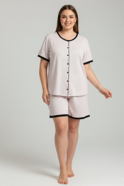 İPEKTENİM Biye Detaylı Puantiye Desenli Yuvarlak Yaka Düğmeli Büyük Beden Göm...