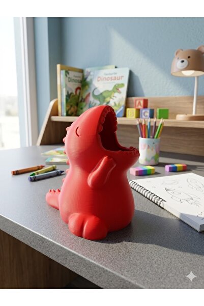 MYCRAFT3D Dinozor Figürlü Masaüstü Kırmızı Kalemlik, Dekoratif, Hediyelik