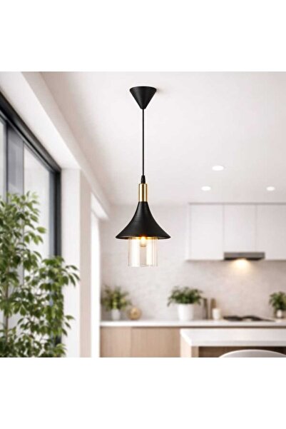 Evidea Lighting Gold Detaylı Camlı Metal Sarkıt - Siyah / Altın - 26 cm
