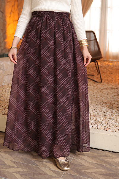 İmajButik تنورة شيفون مبطنة بخصر مطاطي باللون البني