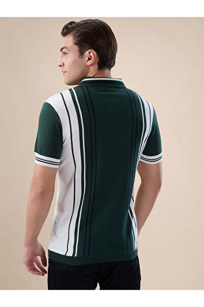 STATUS QUO Striped Regular Fit Bottle Green Polo T-shirt
