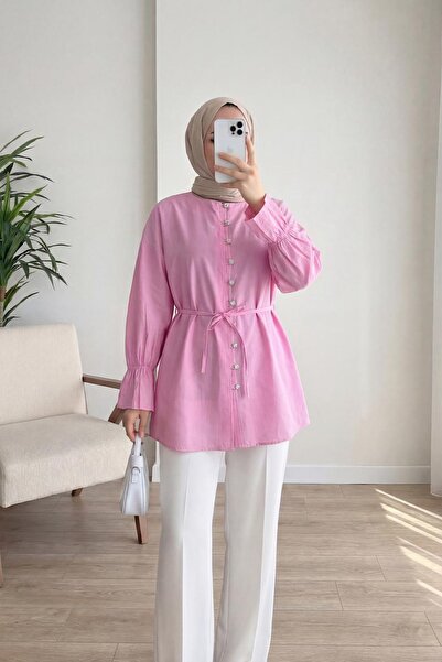 HİFADEN Women's Button Detailed Waist-Tie Hem-Cuff Gathered Hijab Shirt