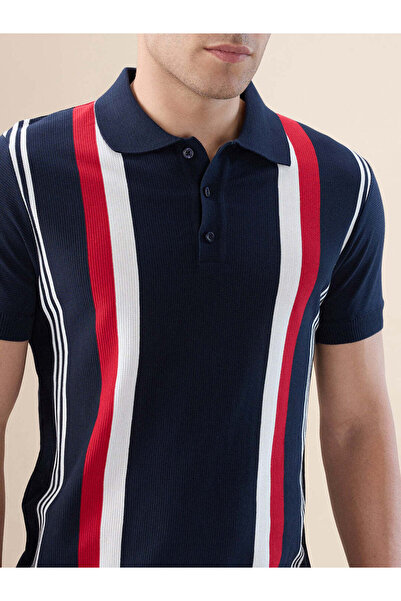 STATUS QUO Striped Regular Fit Navy Polo T-shirt