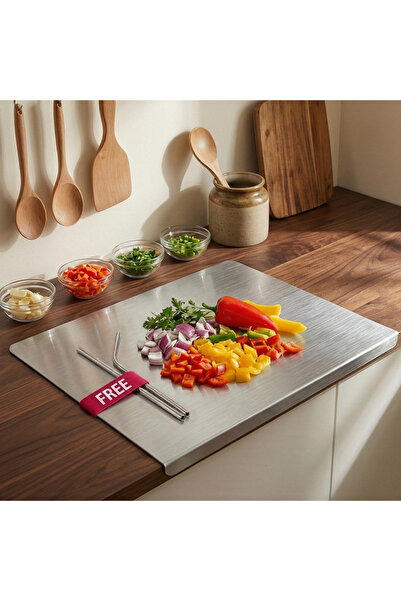 LUN 304 Stainless Steel Chopping Board with Lip for Kitchen | with 2 Steel St...