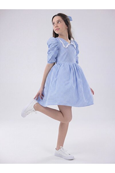 EYLÜL ELİF BUTİK Girl's Blue Gingham Collared Dress Casual Stylish Princess M...