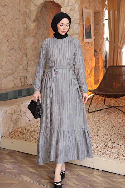 İmajButik Gray Elastic Sleeves and Belted Seersucker Dress