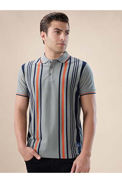 STATUS QUO Striped Contrast Tipping Regular Fit Sage Polo T-shirt
