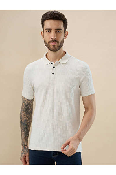 STATUS QUO Textured Regular Fit White Polo T-shirt