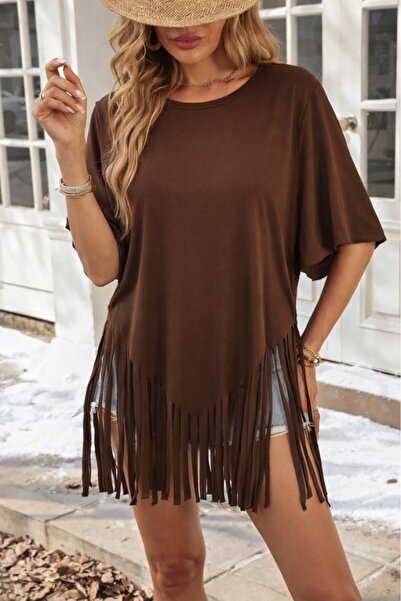 COjans Women's Short Sleeve Crew Neck Tasseled Viscose Blouse